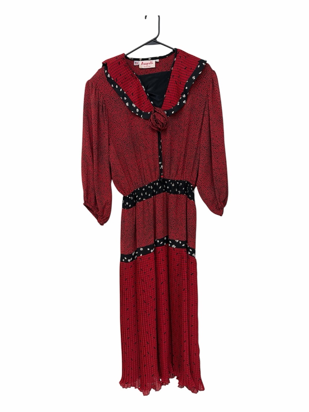 Vintage Assorti by Susan Freis Red Polka Dot Midi Dress with Black Trim EUC!